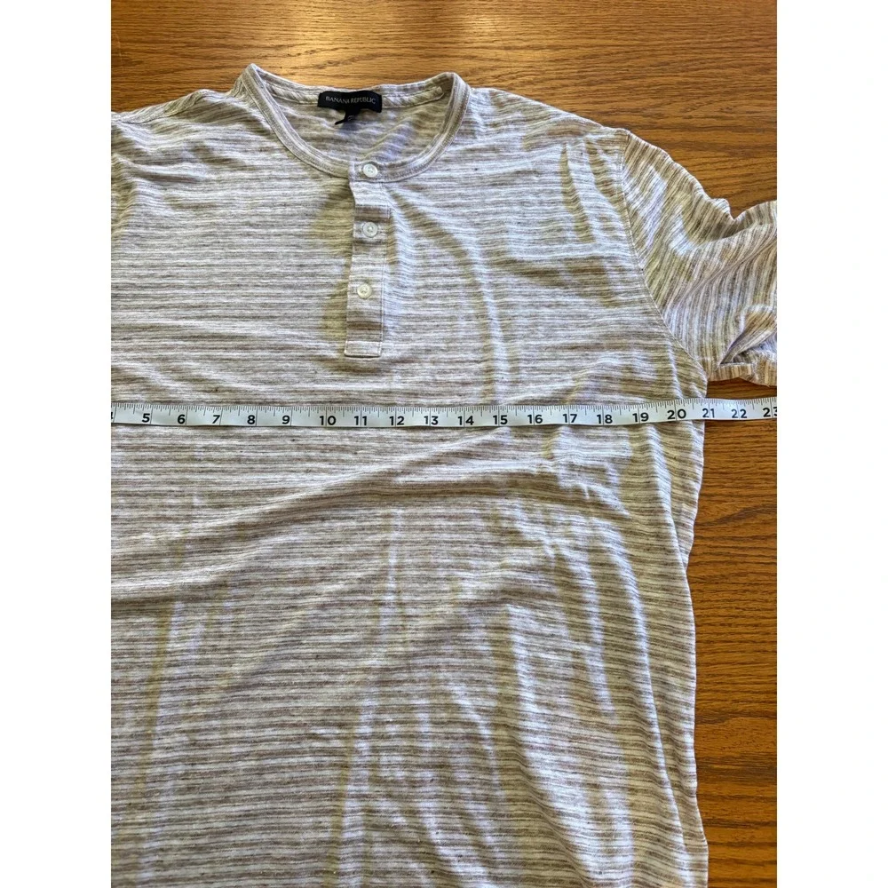 Banana Republic Mens Large Tall Linen Henley Shirt Tan Striped Short Sleeve L T